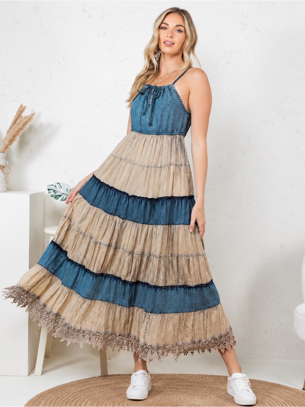 # 73 Boho Chic Denim Cotton Maxi with Lace on bottom